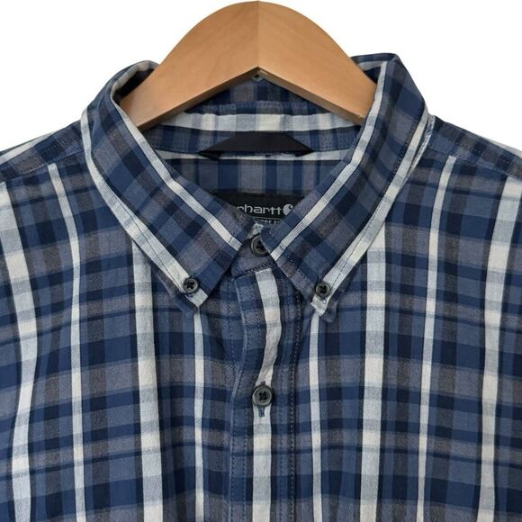 Carhartt Men 2XL Loose Fit Blue Plaid Button Down Shirt Short Sleeve Workwear - Picture 5 of 9